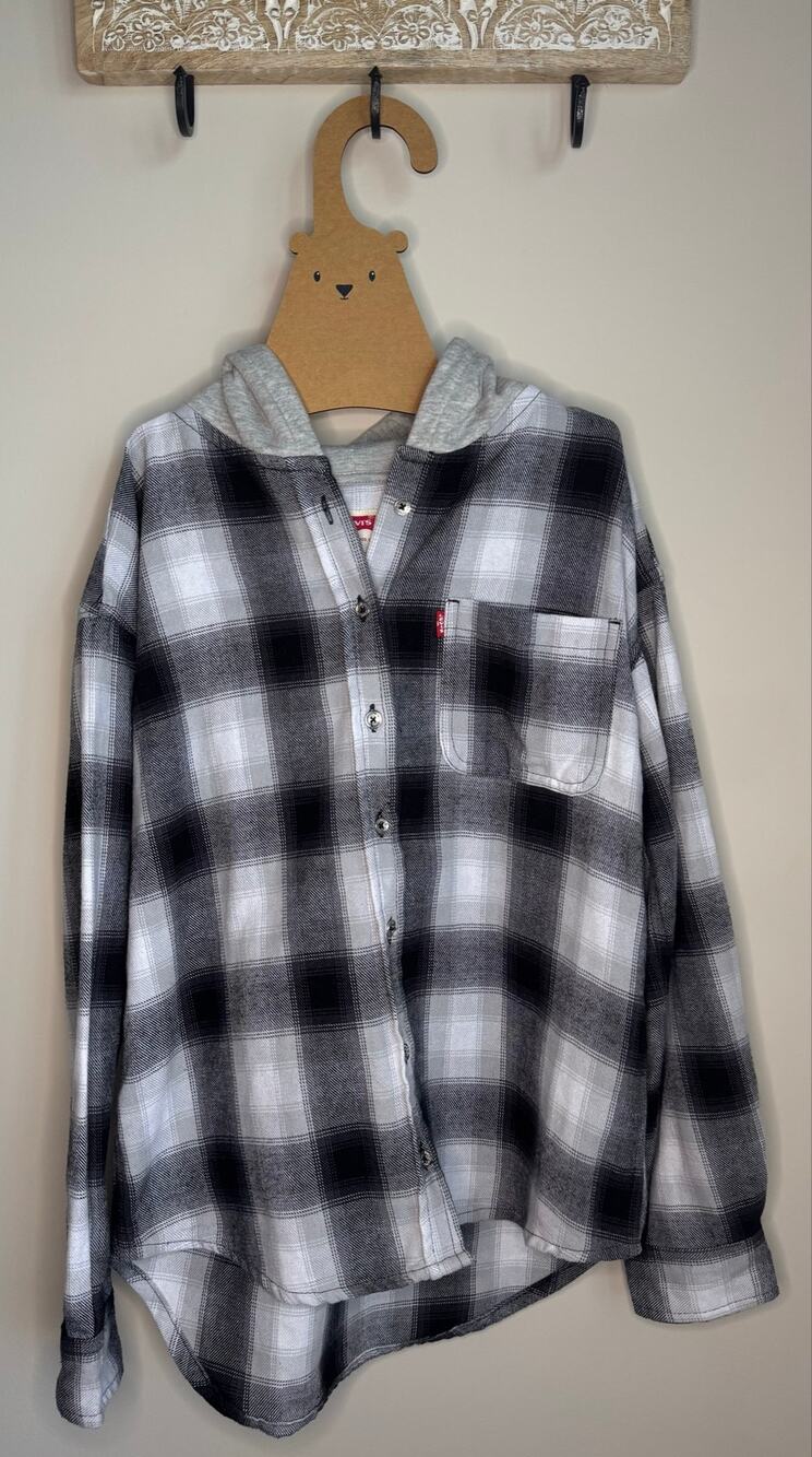 Levi Girls Hooded Woven Plaid Top sz L